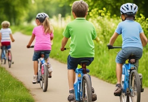 kids while cycling, wearing colorful clothes, enjoy of the advantages of cycling